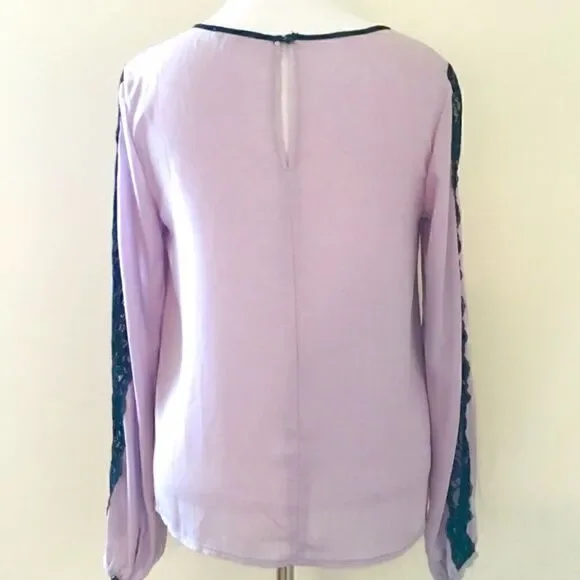 CHARLOTTE RUSSE Light & Silky Lilac Blouse with Black Lace Embellished Sleeves - Picture 4 of 4